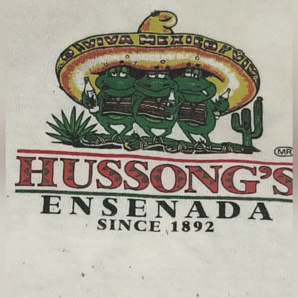 SofTee heavily stained white cotton Hussong's Ensenada tee XXL 🇺🇸